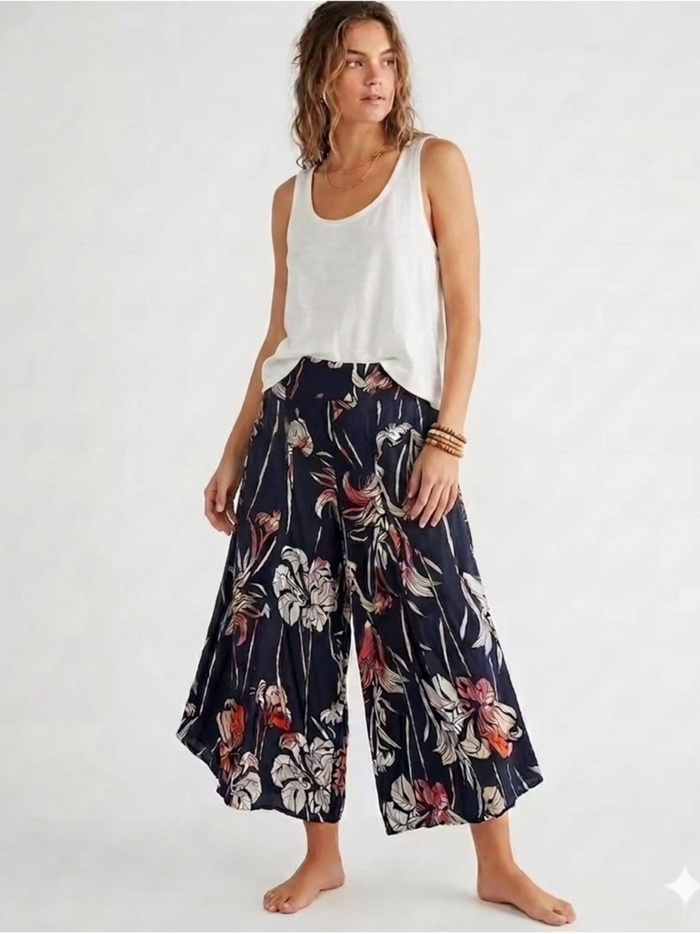 Free People Navy Floral Wide-Leg Cropped Palazzo Pants with Pink & White Blooms - Picture 1 of 6